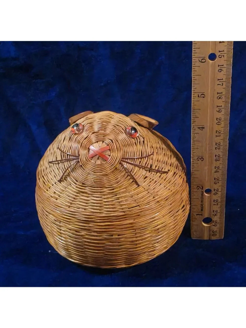 Vintage Woven Wicker Lidded Bunny Basket with Ceramic Liner 4.5